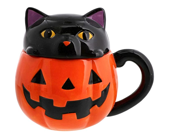 pumpkin shaped coffee mug with black cat lid